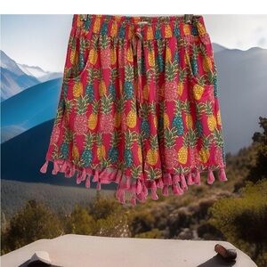Simply Southern Pineapple Tassels Shorts Pink Pockets Fringe Womens Size L/XL